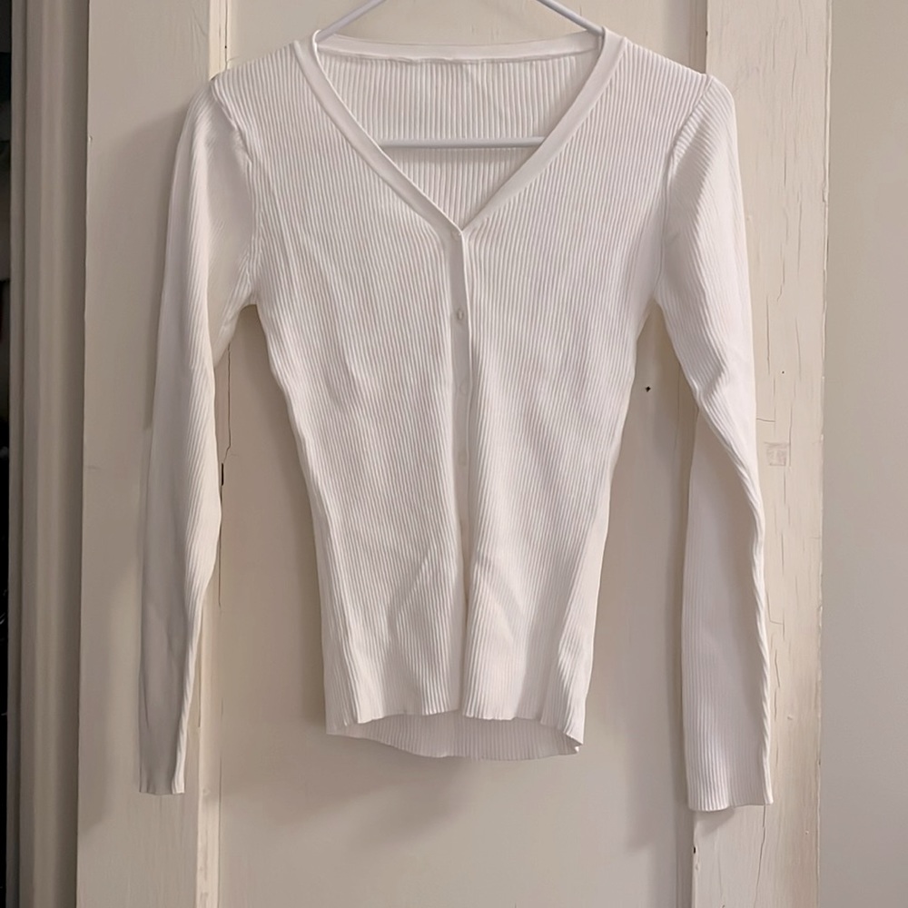 White Ribbed V Neck Cardigan